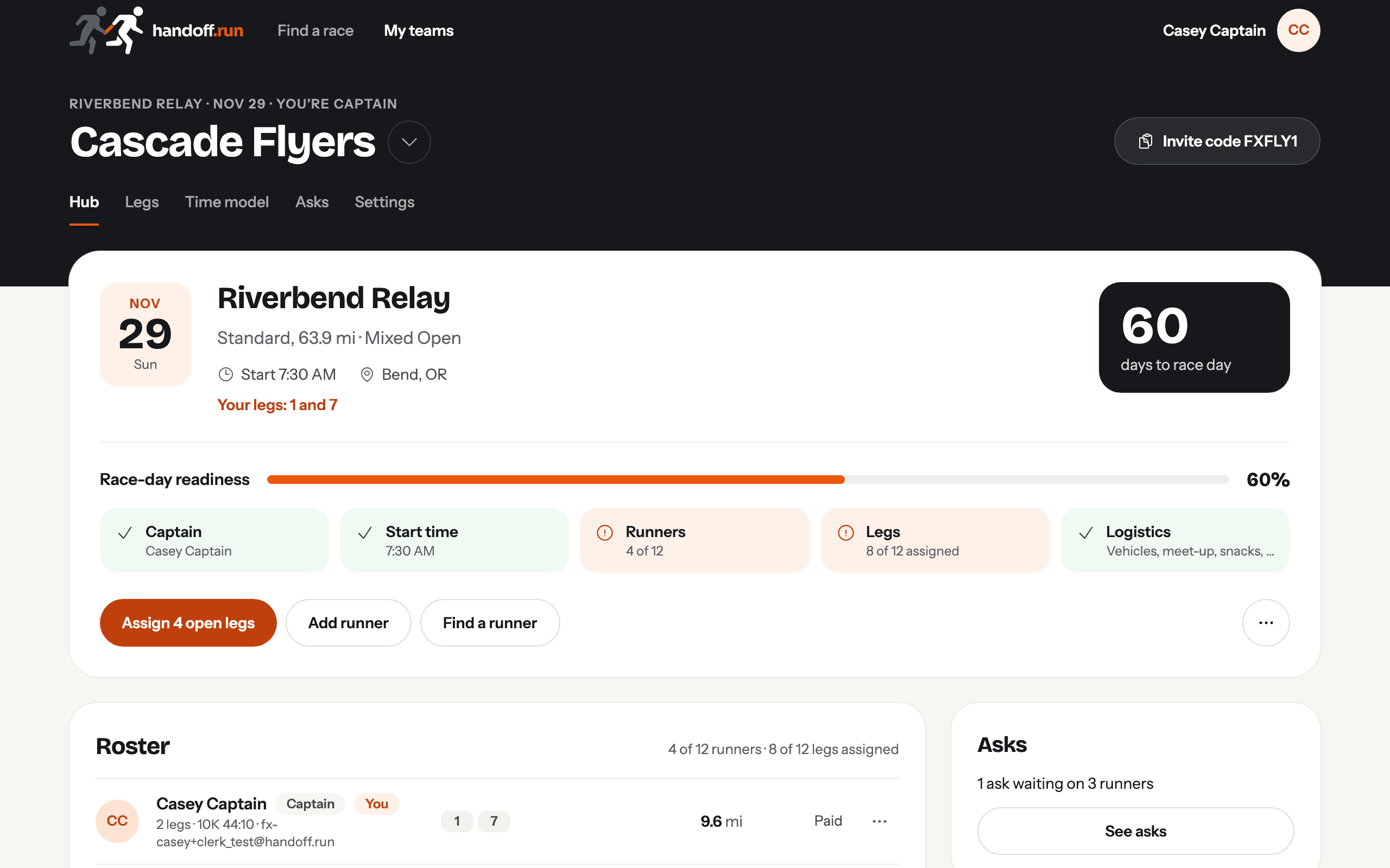 The Cascade Flyers team page in Handoff, with the roster, legs and logistics in one place